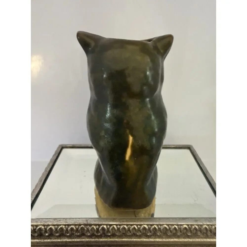 Vintage Mid Century 1948 Ceramic Avocado Green Estate Owl Bud Vase 4.25”